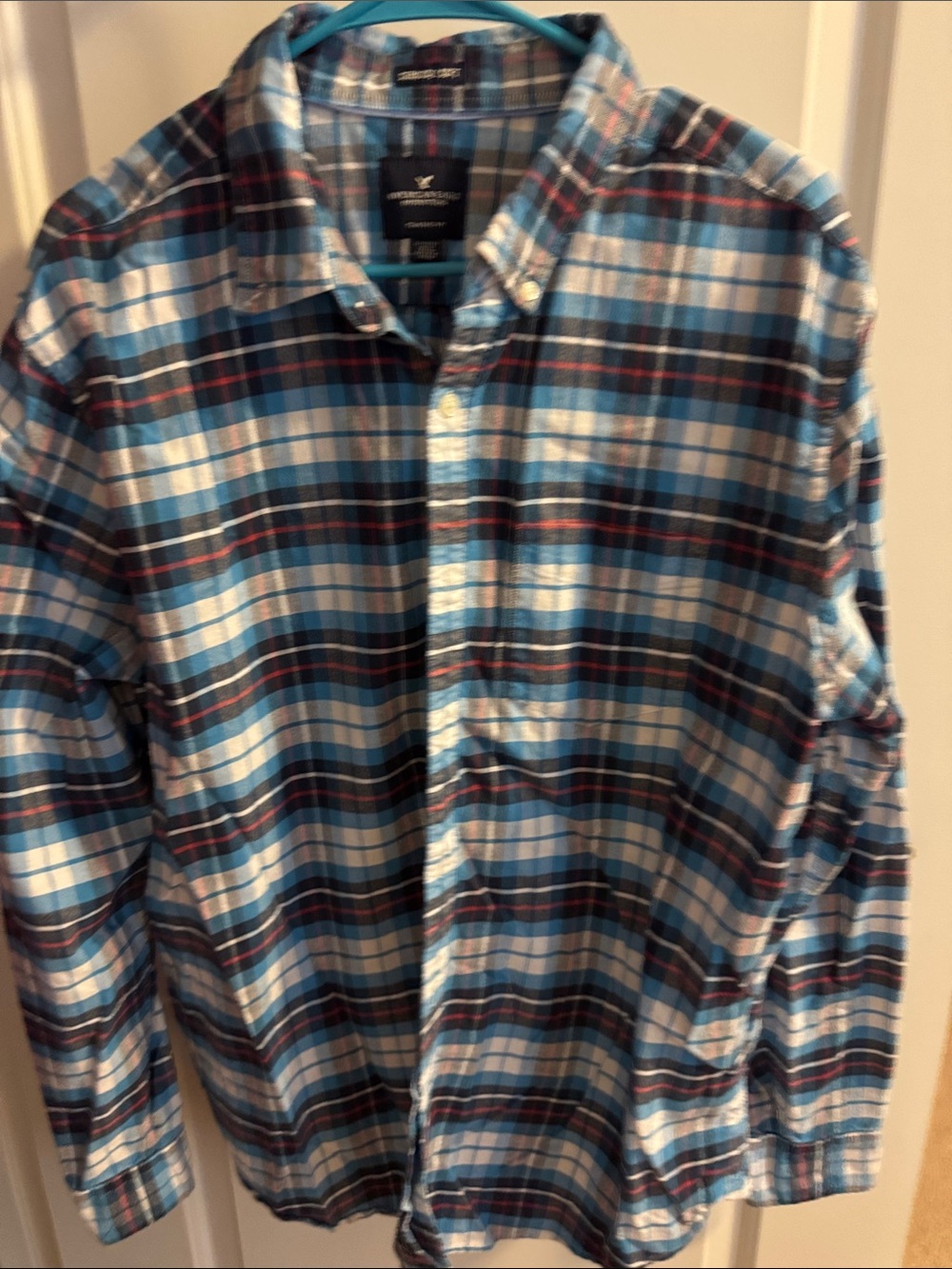 American Eagle Outfitters Blue and White Plaid Button-Down Shirt